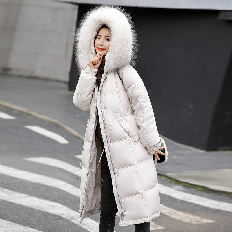 Winter Women's Warm Down Jacket Fashion White Duck Down Knee Length Medium Length Down Jacket Korean New Big Fur Collar Jacket