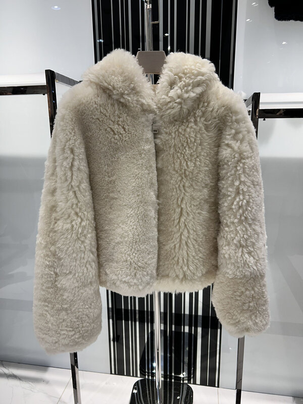 Mantel bulu bertudung pendek longgar warna solid, mantel bulu desain ritsleting hangat dan nyaman 2023 musim dingin 1207 baru