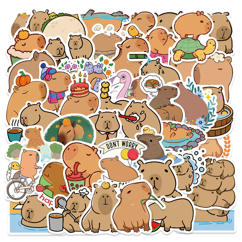 50PCS Cute Cartoon Capybara PVC Graffiti Sticker Sticky Aesthetic Decorative Scrapbook DIY Child Phone Stationery Supply