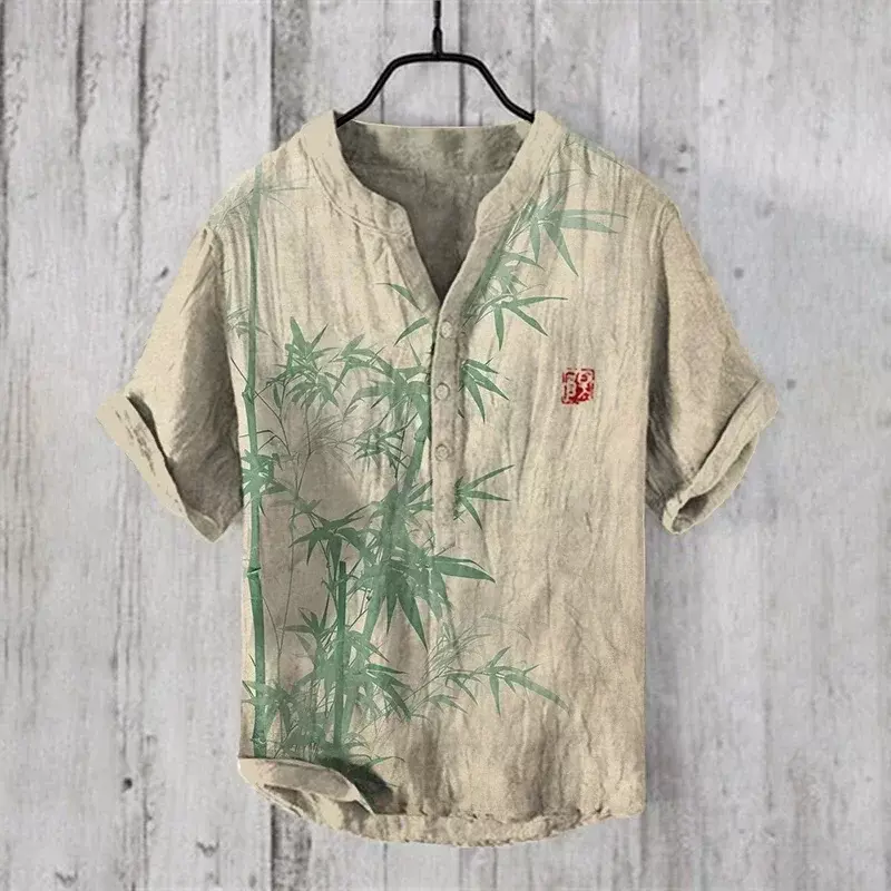 3D printed men's V-neck short sleeved shirt, landscape with 3 rows of buttons, novel summer tiger and various landscape patterns