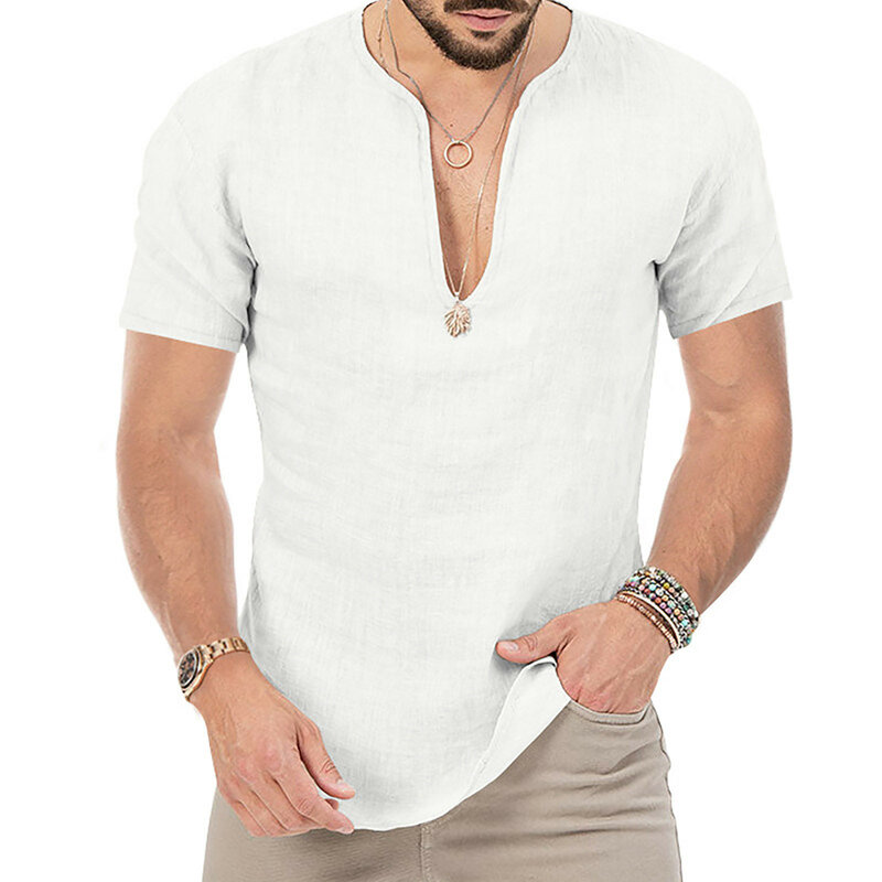 Camisa informal con cuello en V para hombre, camisetas de manga corta con botones, paquete de camisetas para hombre
