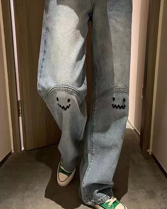 GIDYQ Vintage Smiling Face Embroidered Jeans Women Fashion Cute High Waist Straight Trousers Casual Loose Wide Leg Pants Autumn