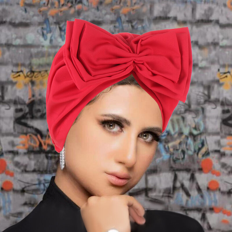 Turbante Hijab elástico con lazo grande para mujer, pañuelo para la cabeza, gorro para la cabeza, envoltura para la cabeza, gorros de quimio, accesorios para el cabello, Color sólido musulmán