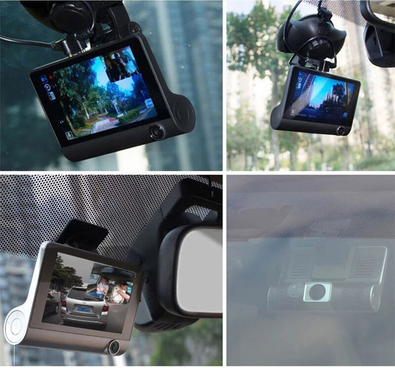 3-kanałowy 4-calowy wideorejestrator samochodowy kamera samochodowa kamera z podwójnym obiektywem FHD 1080P 170 ° kąt widzenia w nocy z przodu/wewnątrz/widok z tyłu wideorejestrator kamera na deskę rozdzielczą