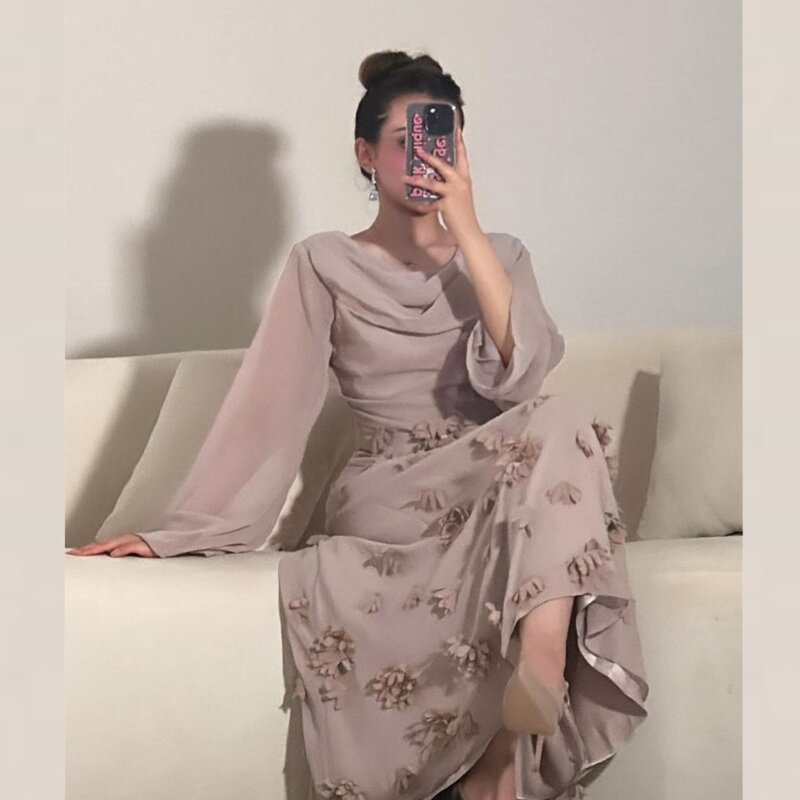 Sukienka na studniówkę wieczorowa szyfonowa aplikacja z dekoltem w stylu saudyjskim, drapowana, długa suknia z okrągłym dekoltem na zamówienie