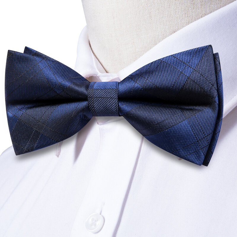 Hi-Tie Plaid Navy Blue Men Bow Tie Hankerchief Cufflink Pre-tied Silk Butterfly Knot Bowtie for Male Business Party Wholesale