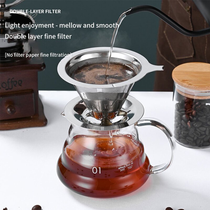 Soporte de filtro de café reutilizable de doble capa para goteo de café, herramientas de cesta de colador de té Espresso de malla de acero inoxidable 304