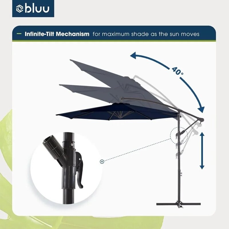 Parapluie en porte-à-faux d'extérieur de 10 pieds, manivelle de degré de décoloration et base transversale (bleu 144, 10 pieds avec couvercle 600D)