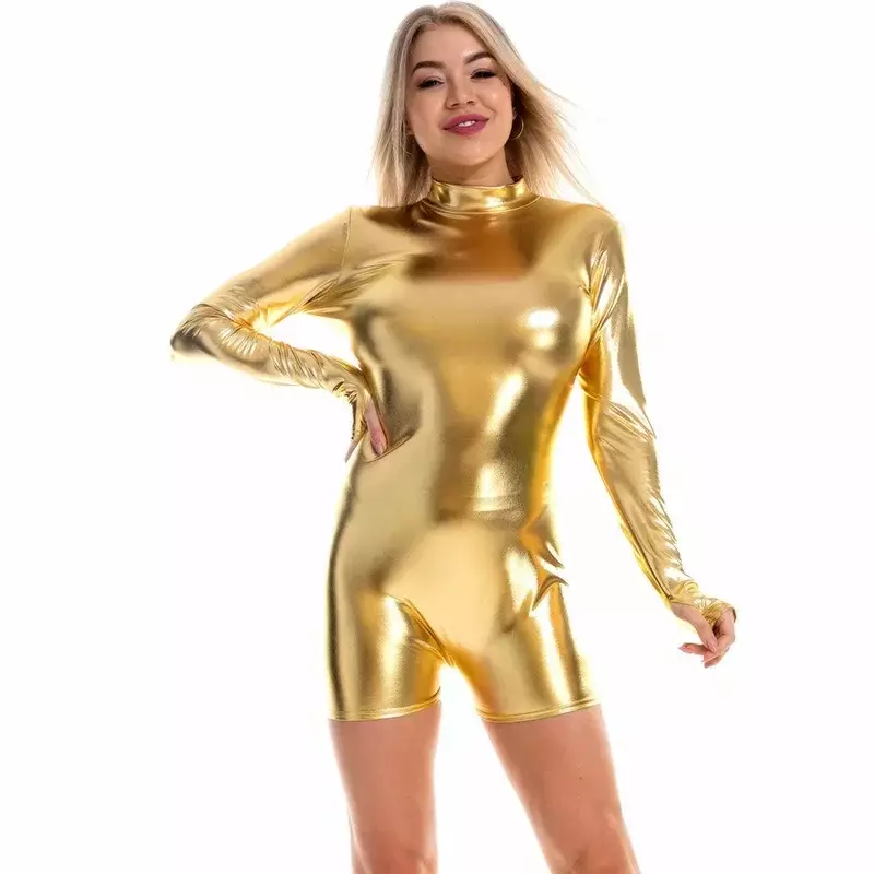 Vrouwen Playsuits Glanzende Metallic Holografische Kleding Bodysuit Clubkleding Lange Mouw Rits Coltrui Romper Jumpsuit Party