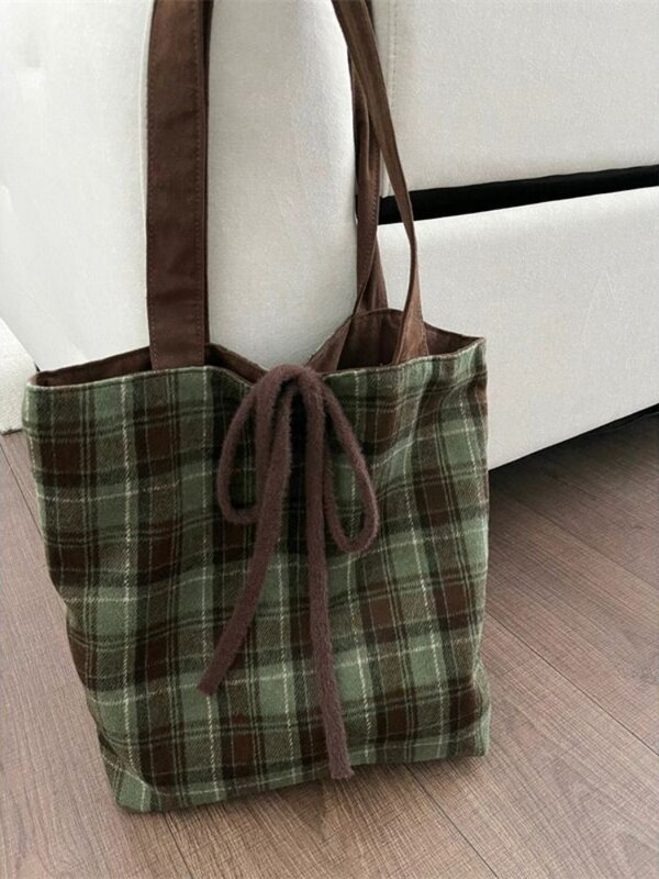 Корейская винтажная Повседневная клетчатая сумка с бантом Y2k, эстетичные женские сумки на плечо, уличная модная сумка под подмышку