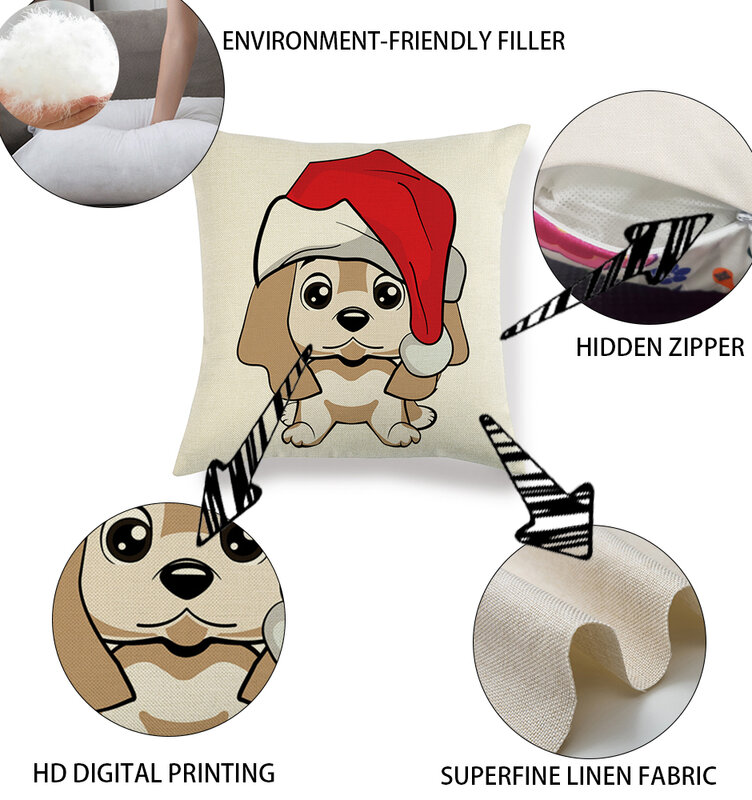 45*45 Sarung Bantal Natal Anjing Sarung Bantal Linen Berkualitas Tinggi Dekorasi Natal Cocok untuk Sofa, Kursi, Kantor