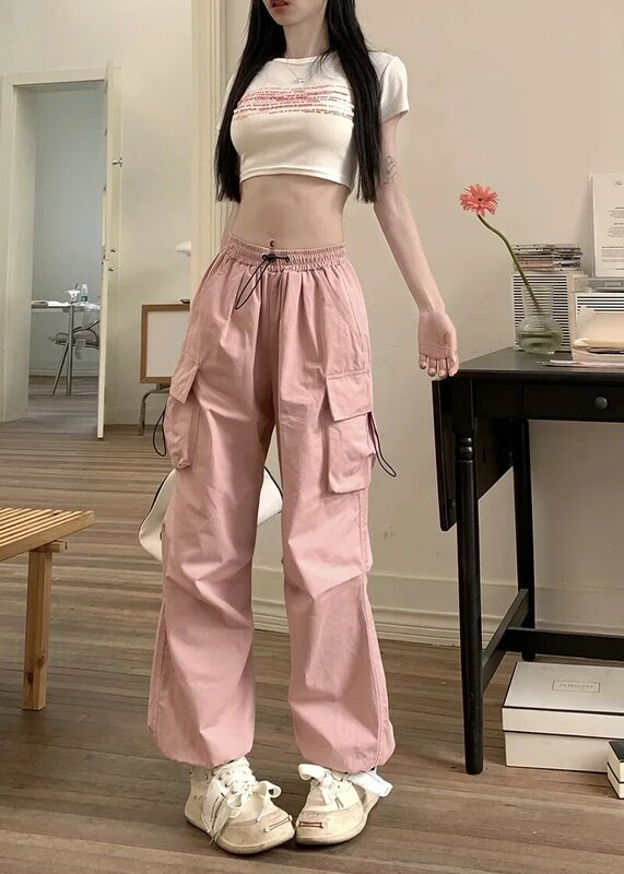 Celana kargo Pink Y2k pakaian kerja Retro wanita, celana panjang lurus longgar kasual dengan kantong kaki lebar untuk jalanan
