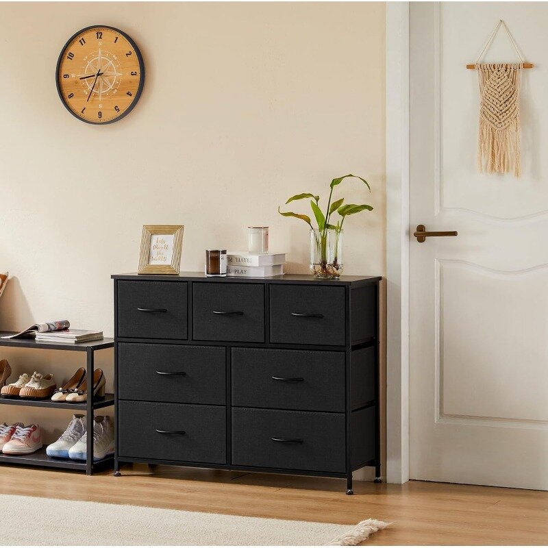 Dresser for Bedroom with 7 Drawers, Clothes Drawer Fabric Closet Organizer, Dresser with Metal Frame and Wood Tabletop