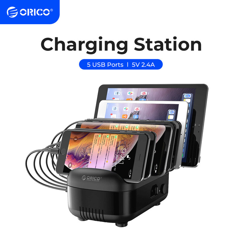 ORICO 5 Ports USB Charging Station Dock with Holder 40W 5V2.4A USB Charging Free USB Cable for iPhone PC Tablet