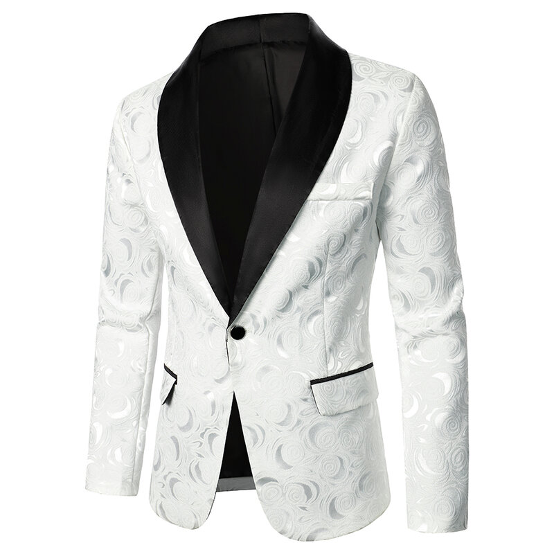 Męski płaszcz wierzchni różany wzór jasna tkanina żakardowa kontrastowy kolor kołnierz Party luksusowy Design przyczynowy moda Slim Fit Men Blazer