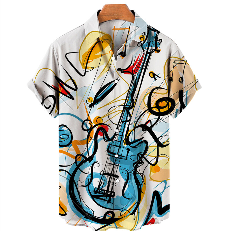 Camisa havaiana de gola grande masculina, blusas de rock and roll, tops estampados de guitarra musical, moda casual, verão