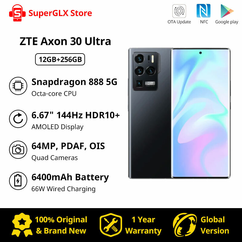 Смартфон глобальная версия ZTE Axon 30, ультратонкий, Snapdragon 888, 6,67 дюйма, 144 Гц, AMOLED дисплей, 4600 мАч, 66 Вт, супер зарядка