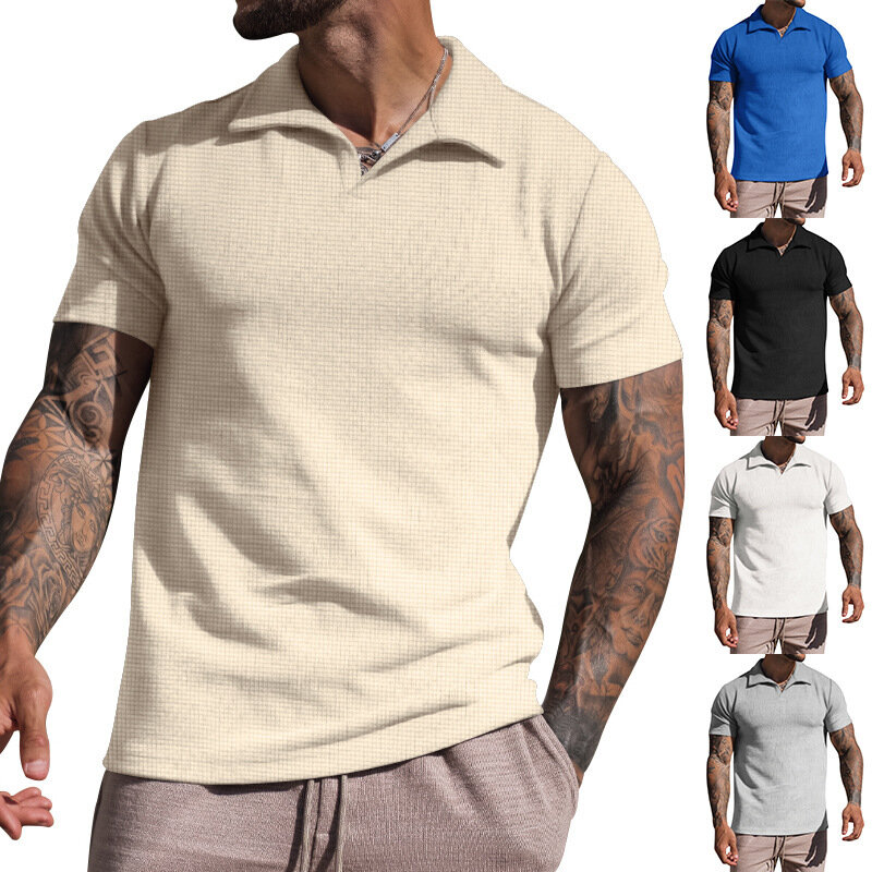 Мужская Летняя Однотонная рубашка-поло с V-образным вырезом