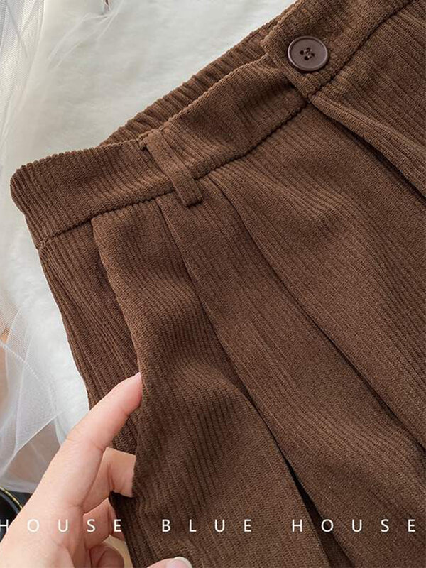 ZOKI Celana Korduroi Retro Wanita Pinggang Tinggi Celana Panjang Panjang Penuh Kasual Lurus Musim Gugur Celana Saku Kopi Antik Semua Cocok Baru