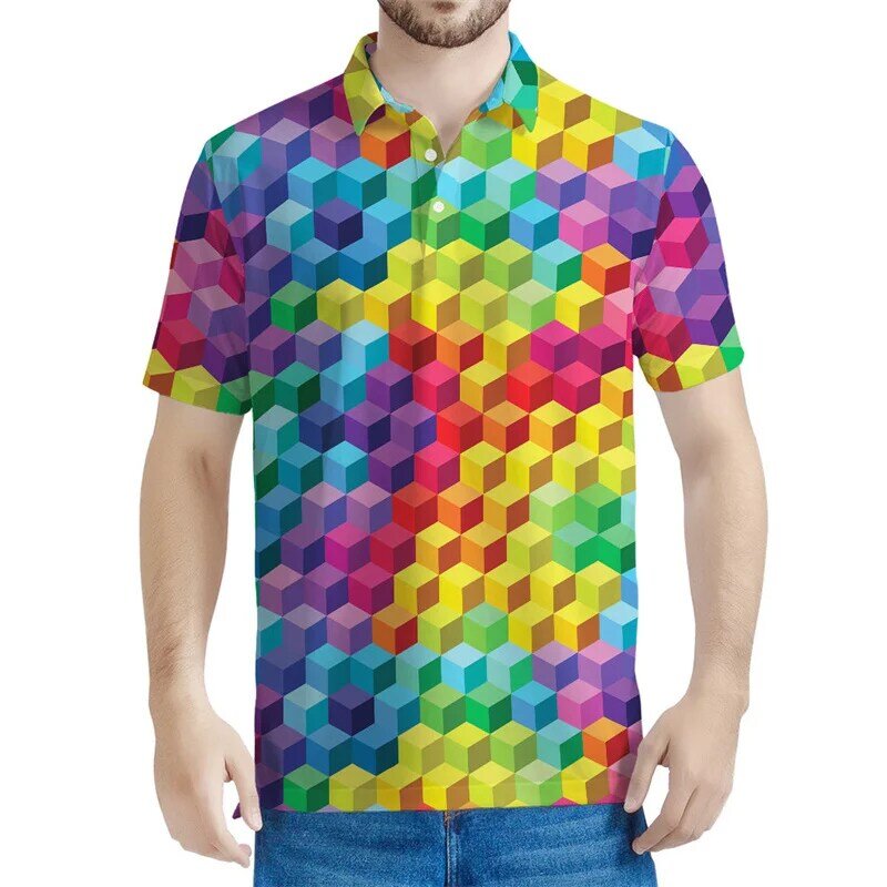 Tęczowe paski Geometryczny wzór Koszulki polo dla mężczyzn Nadruk 3D Krótkie rękawy Casualowa koszulka polo z guzikami Letnie koszulki z klapami