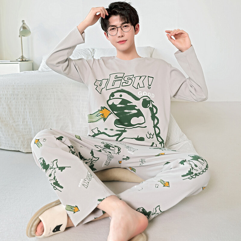 2024 New Autumn Man Pajamas Knitted Cotton Students Printing Sleepwear For Men Cute Leisure Casual Nightwear O-neck Pijamas Sets