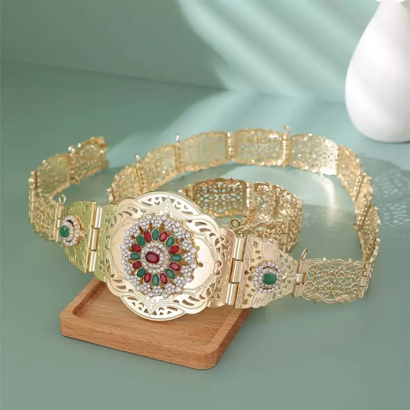 Traditional Bridal Dress Jewelry Accessories Beautiful Rhinestone Chain Waist Belt Algerian Golden Metal Belt For Women