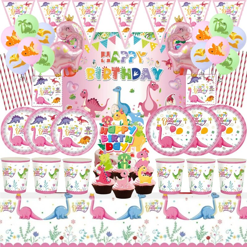 Decoración de fiesta de dinosaurio rosa, globos, vajilla de papel rosa, plato de fondo, Baby Shower, suministros de fiesta de cumpleaños para niños y niñas
