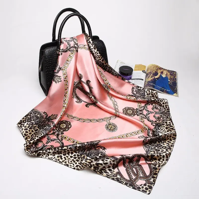 Fashion Leopard Print Scarves For Women Red Silk Satin Hijab Scarf Female 90*90cm Luxury Square Shawl Headband Scarfs Ladies
