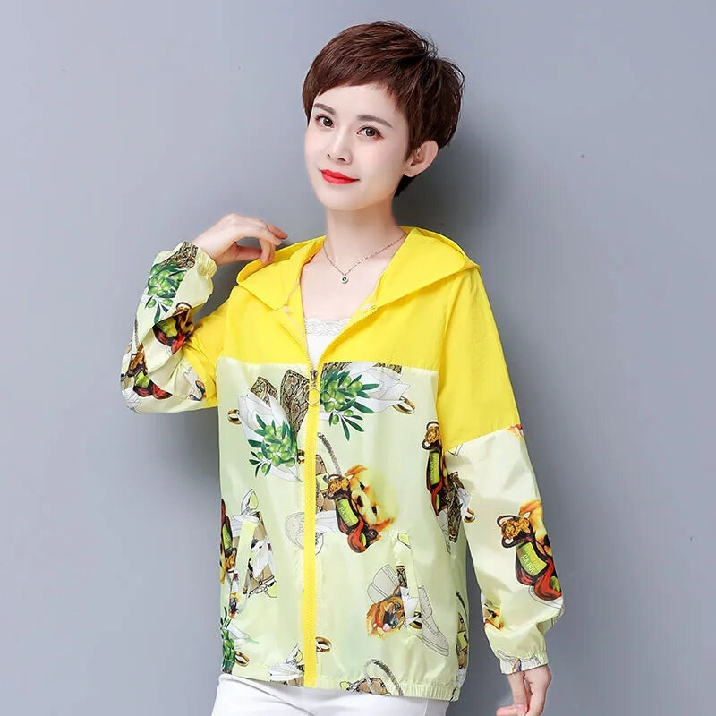 Zomer Nieuwe Print Capuchon Zonnebrandkleding Vrouwen Koreaanse Versie Losse Stiksels Contrast Mode Casual Korte Dunne Jas Dame