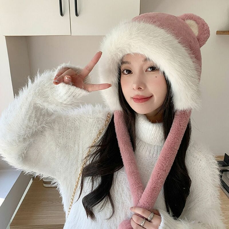 Winter Warm Faux Fur Beanies Hat Fashion Thicken Cold-proof Cat Ear Knitted Cap Pom Pom Ball Hats Women Accessories
