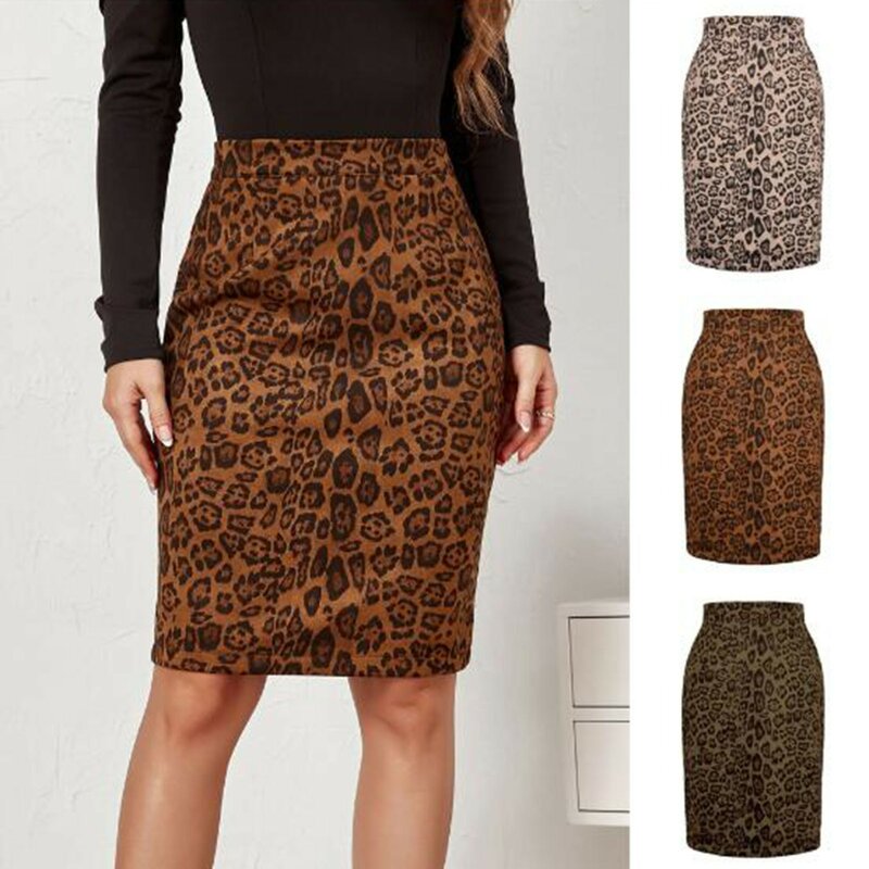Женская замшевая юбка-карандаш средней длины, с леопардовым принтом
