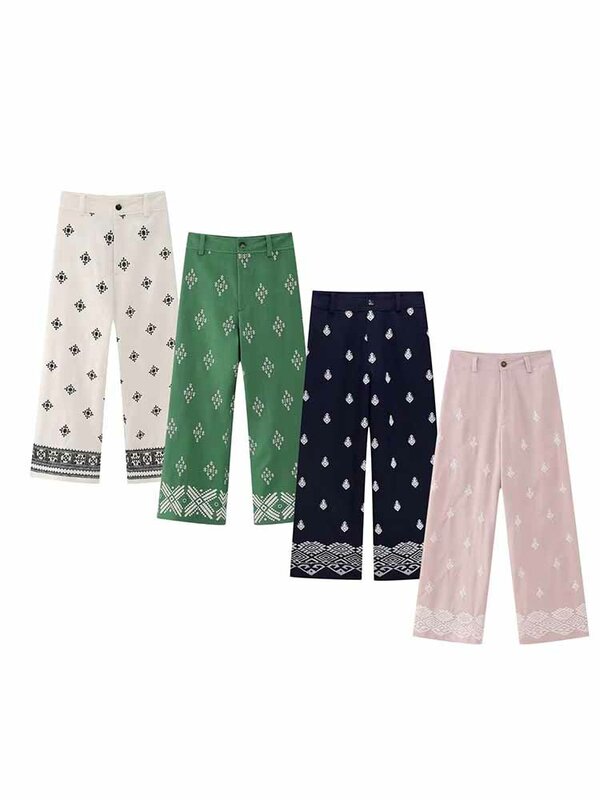 Pantalones informales de lino con decoración bordada para Mujer, pantalón Vintage de cintura alta con cremallera, a la moda, novedad de 2023