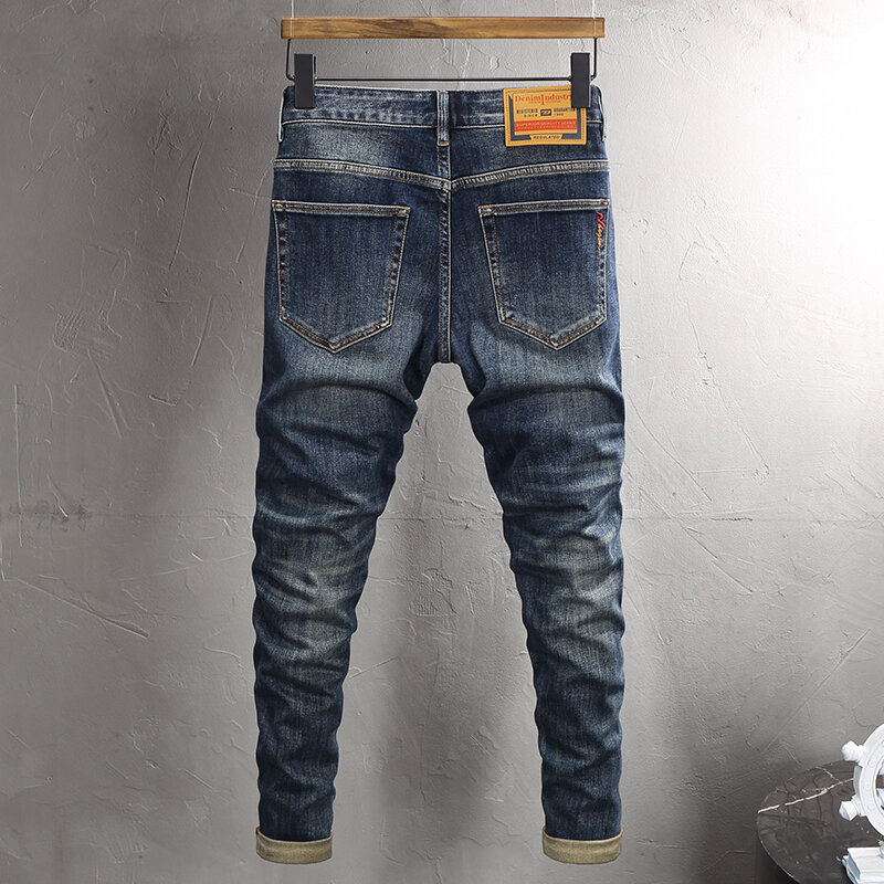 Modne męskie jeansy wysokiej jakości Retro sprany niebieski elastyczne Slim Fit dżinsy Vintage męskie spodnie casualowe spodnie jeansowe