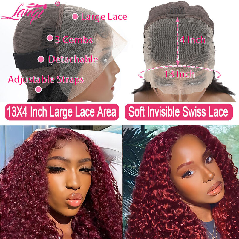 Perruque Lace Front Wig Remy Naturelle Bouclée, Cheveux Humains, Deep Wave, Rouge Bordeaux, 13x4, Transparent