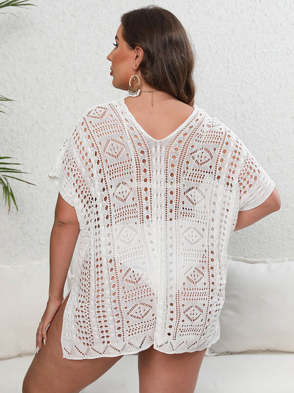 GIBSIE Plus Size Sexy Hollow out Bikini Cover Up Women Summer Tunic Beachwear Swimsuit Cover-ups Deep V Neck Beach Cover Up
