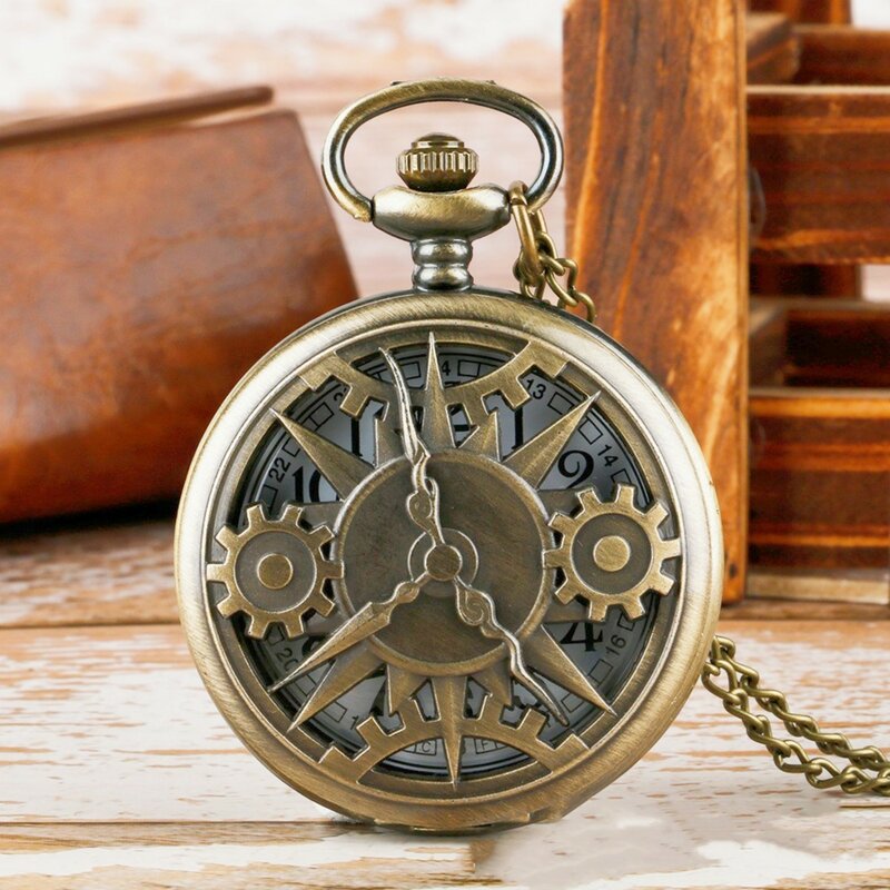 New steampunk vintage gear hollow quartz watch pocket necklace gift chain pocket watch men boys
