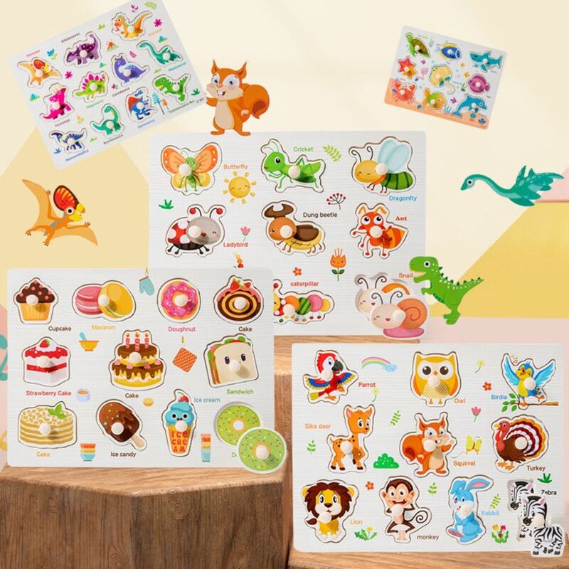 Rompecabezas de madera Montessori para bebé con dibujos animados, Tabla de madera con elementos de agarre manual, con dibujos de animales, vehículos, frutas, regalo para niño