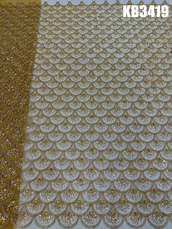 Sector Shape Beaded Lace Fabric Crystal Sequins Fabric Latest Lace Fabric High Quality 2023 Dubai Embroidery Fabric For Party