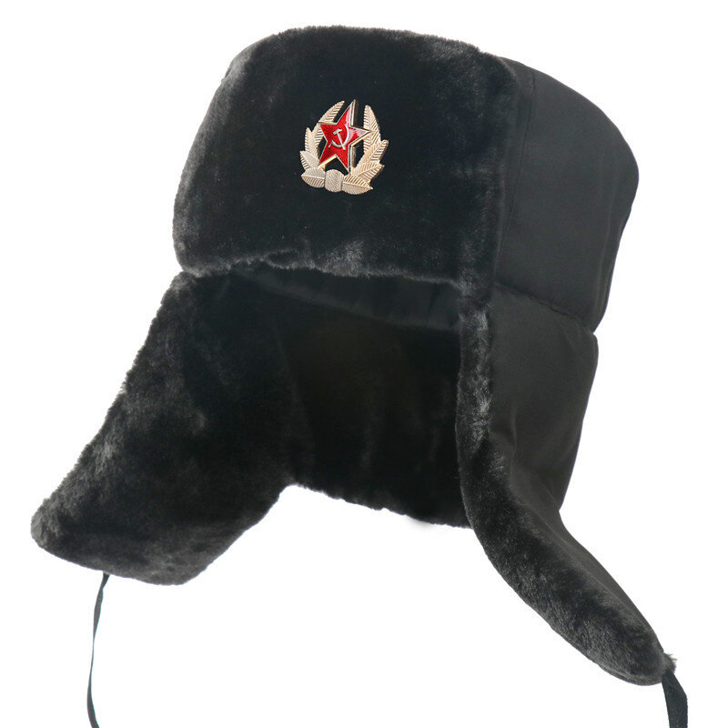 Topi Bulu Musim Dingin Ushanka Rusia Topi Trooper Dapat Dilepas Penutup Kepala Pemburu dengan Penutup Telinga Topi Aviator dengan Lambang Bintang Merah