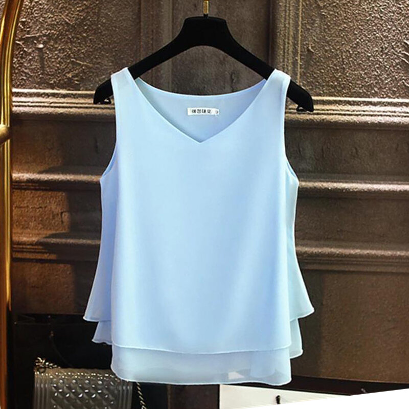 Blus wanita merek Fashion 2024, Atasan kemeja sifon tanpa lengan leher V Solid kasual ukuran besar 5XL Atasan Wanita longgar