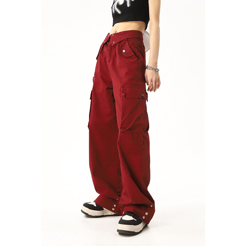 Jesienne główna ulica bordowe spodnie robocze z niszowym designem funkcjonalne spodnie do prostych spodni damskich w stylu Casual in