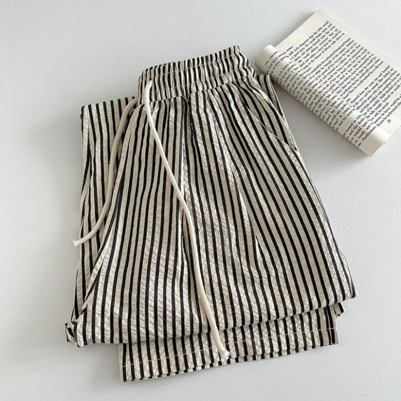 Amerykańska moda Vintage modne pionowy pasek spodnie z szerokimi nogawkami damskie letnie elastyczny, wysoki wiązanie w pasie luźne proste spodnie kieszonkowe