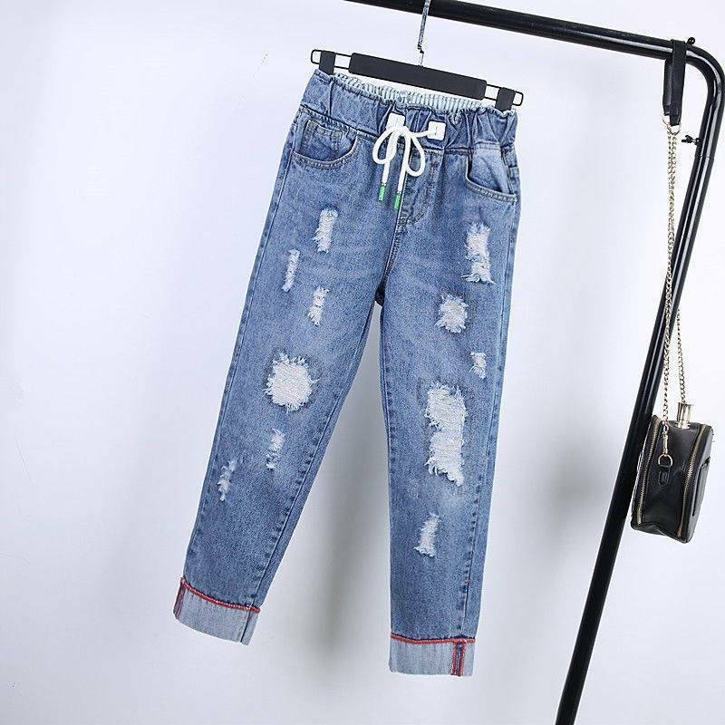 Harlan Jeans Women's Summer Korean Edition Loose High Waist Elastic Waist Hole Denim Pants Female Casual Trousers Streetwear