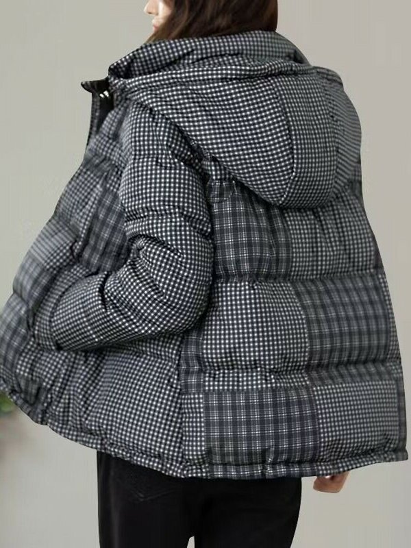 여성용 짧은 후드 체크 보드 다운 재킷, 루즈한 두꺼운 화이트 덕 다운 재킷, 유럽 스테이션 트렌드, 2023 신상