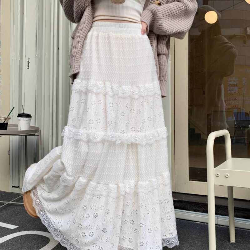 Deeptown elegancka koronka tiul spódnica trzy czwarte wysoki stan kobiety warstwowe spódnice Fairycore długie falbankowa spódnica Vintage koreański styl wakacje
