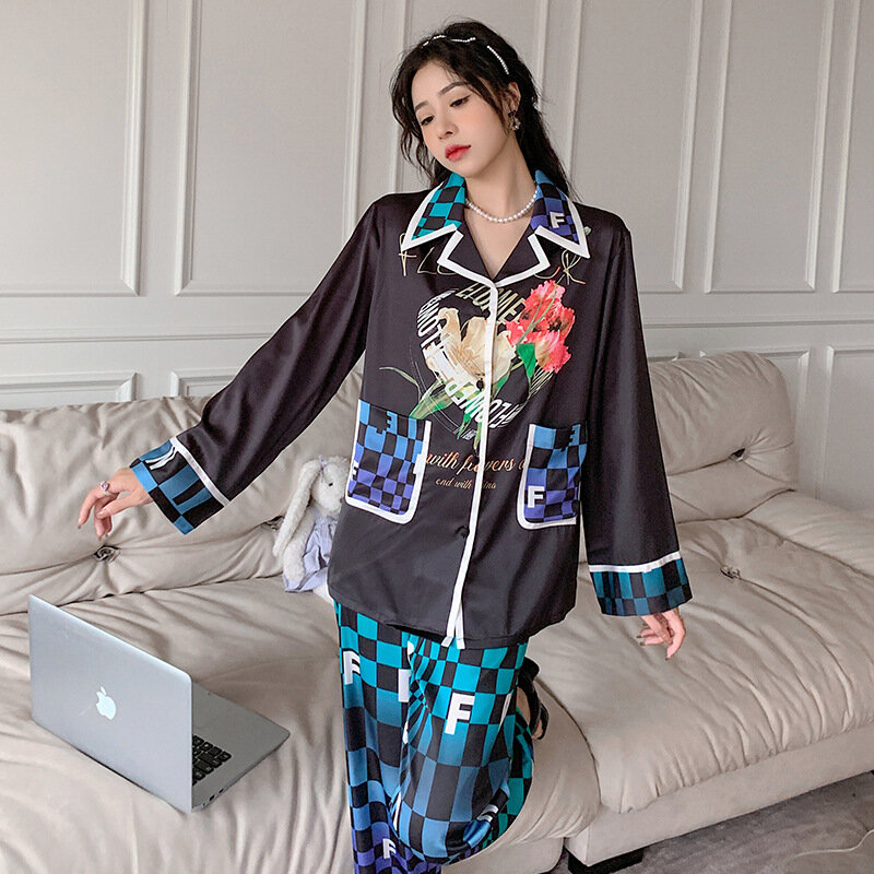New long sleeve pajamas women's fashion trend print loungewear set pajamas 란제리  женское бельё