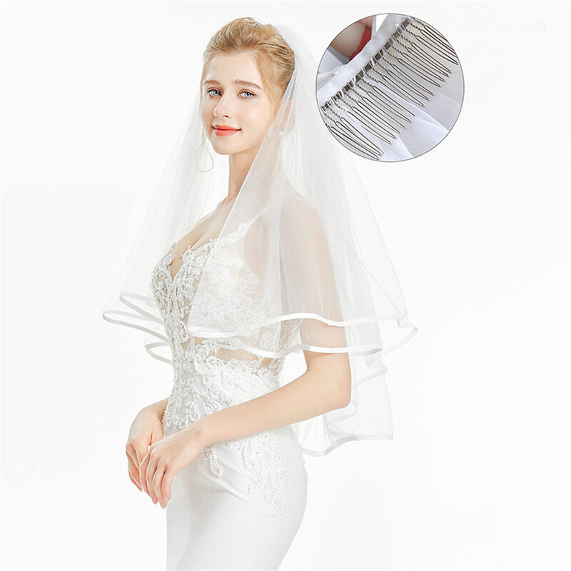 Kerudung pernikahan dua lapis, penutup kepala pengantin kain Tule pendek putih gading dengan dasi kupu-kupu Aksesori pernikahan
