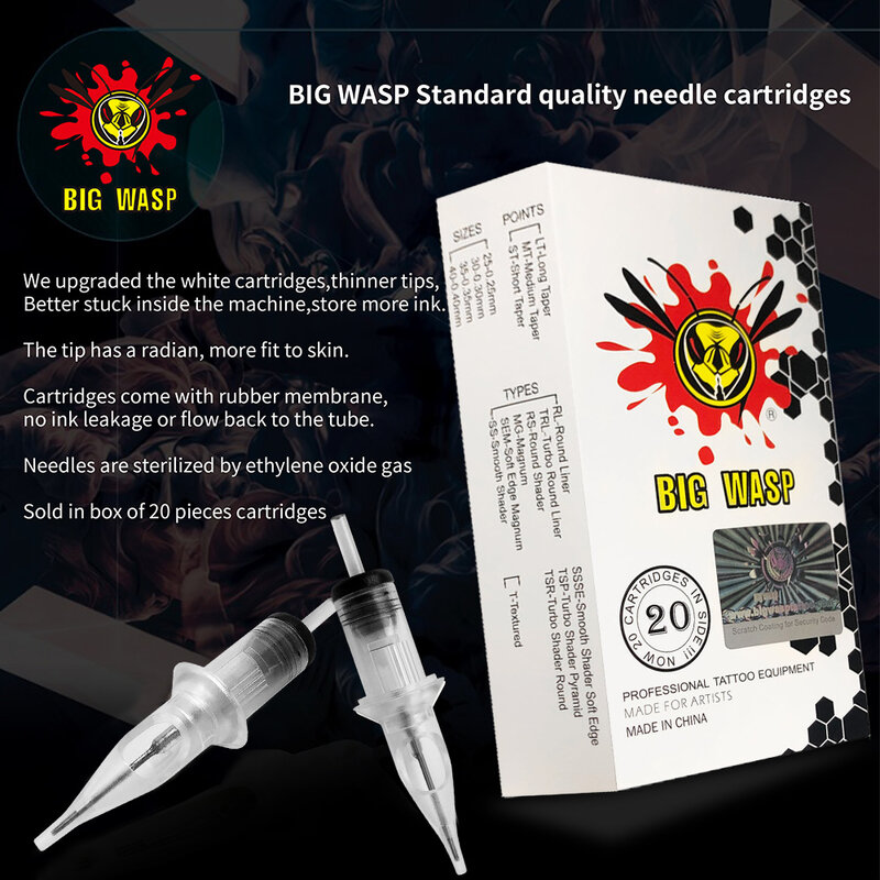 BIGWASP Needle Cartridges For Tattoos Needles RL 20pcs/Lot Disposable Sterilized Safety Cartridge for Tattoo Machines Grips