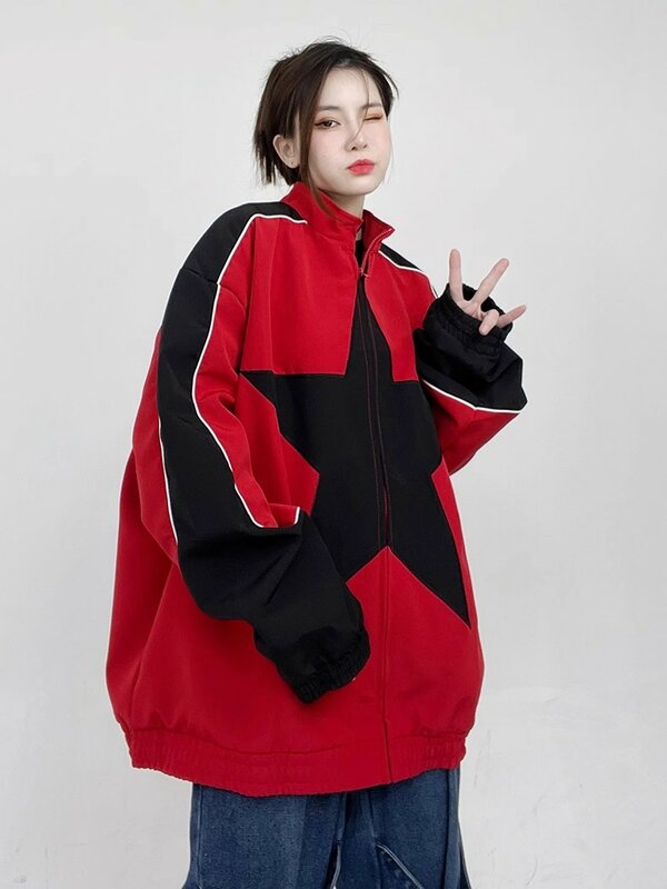 REDDACHiC Patchwork Star Bomber Jacket for Women Red Turtleneck Long Sleeves Bicolor Oversize Windbreaker Retro Y2k Streetwear