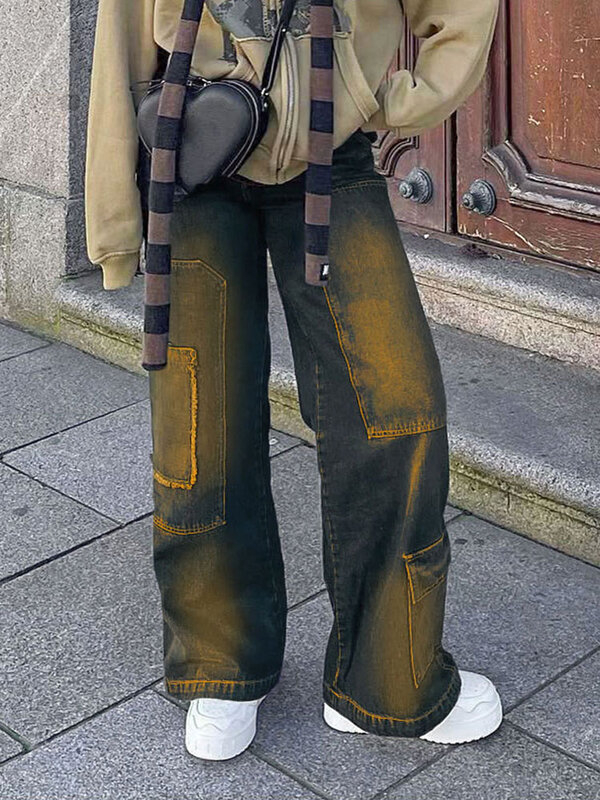 Женские широкие джинсовые брюки с карманами, винтажные свободные брюки-карго с низкой посадкой, уличная одежда в Корейском стиле, y2k